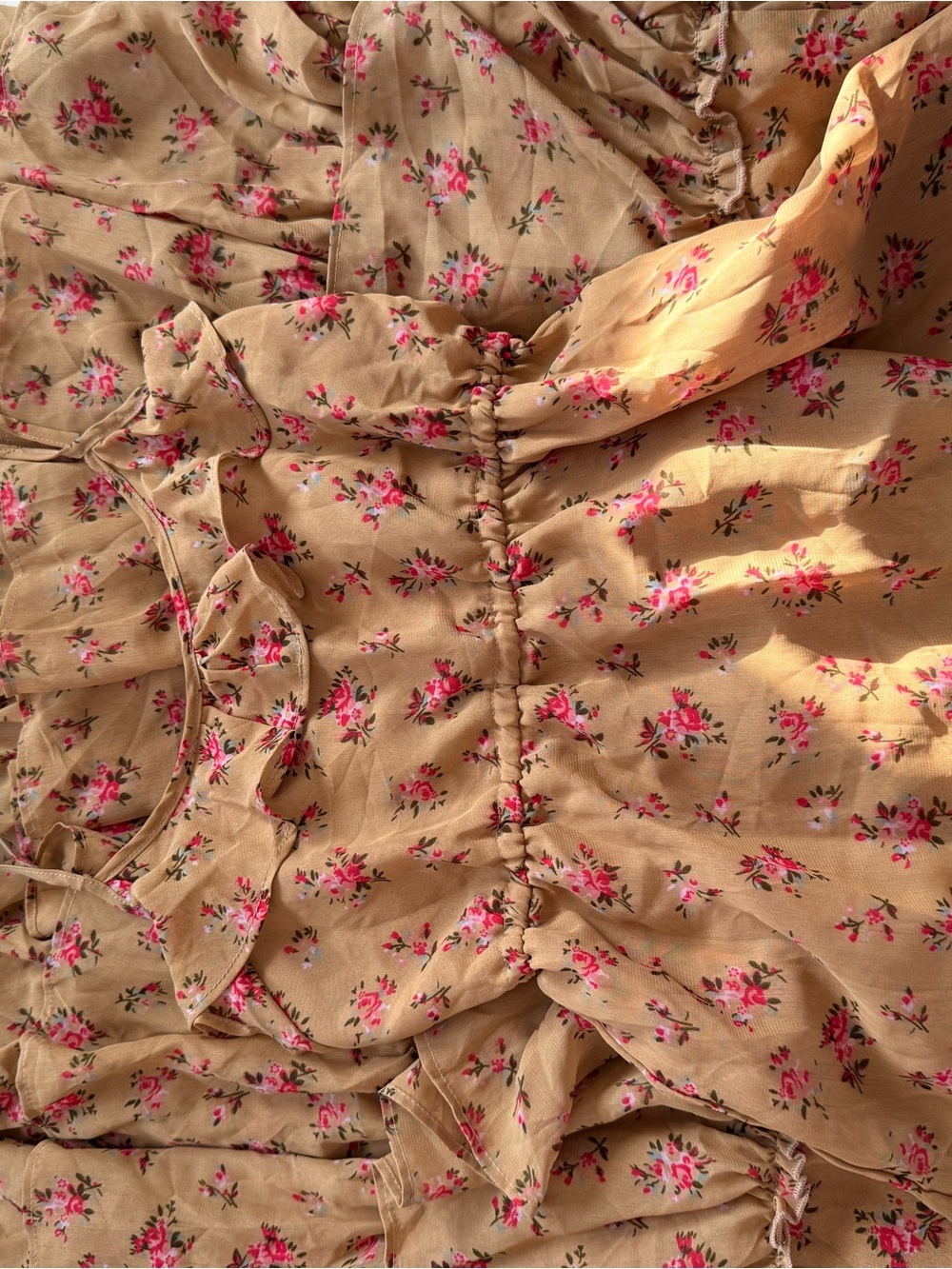 Floral Ruffle Maxi Dress in Mustard with Pink Blooms coquette fairy - Picture 6 of 6